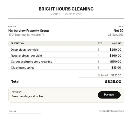 Lapline invoice template, filled in for a cleaning service