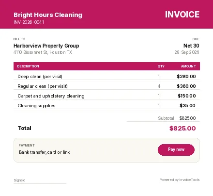 Matline invoice template, filled in for a cleaning service