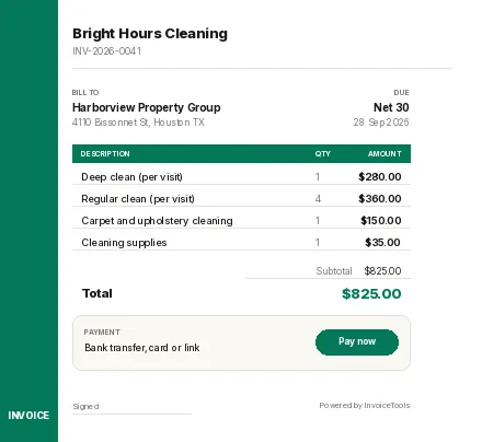 Verdant Rail invoice template, filled in for a cleaning service