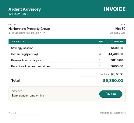 Block Right invoice template, filled in for a consultant