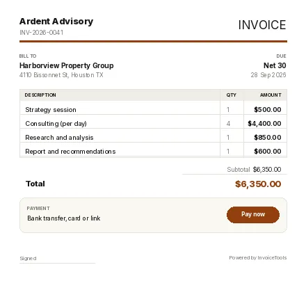 Fieldset invoice template, filled in for a consultant