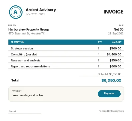 Pill Total invoice template, filled in for a consultant