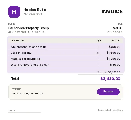Formset invoice template, filled in for a general contractor
