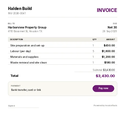 Geo Navy invoice template, filled in for a general contractor
