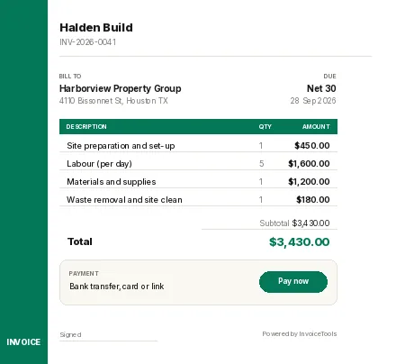 Verdant Rail invoice template, filled in for a general contractor