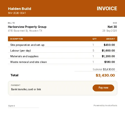 Trade Volt invoice template, filled in for a general contractor