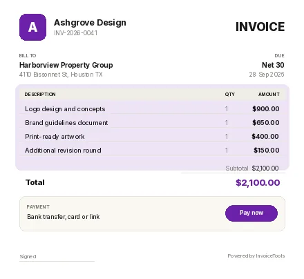 Formset invoice template, filled in for a graphic designer