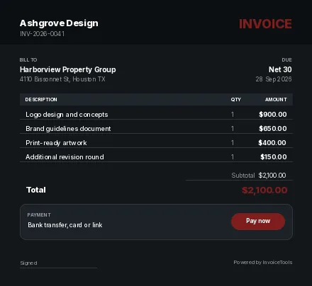 Glasswork invoice template, filled in for a graphic designer