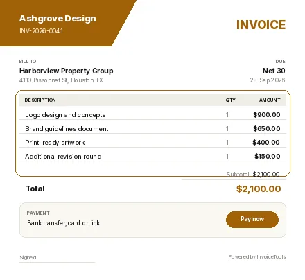Impression invoice template, filled in for a graphic designer