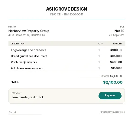 Swatchbook invoice template, filled in for a graphic designer