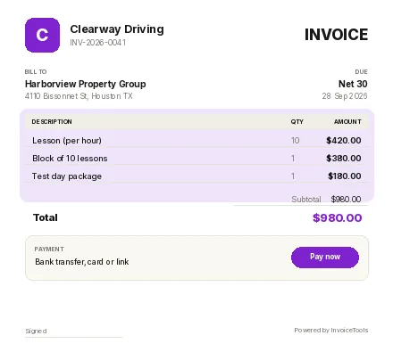Ad Spend invoice template, filled in for a driving instructor