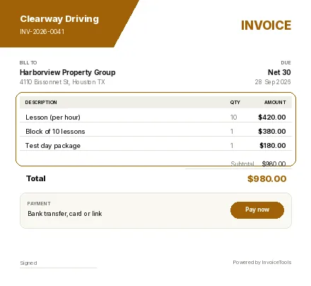 Impression invoice template, filled in for a driving instructor