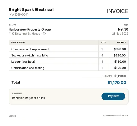 Aperture invoice template, filled in for a electrician