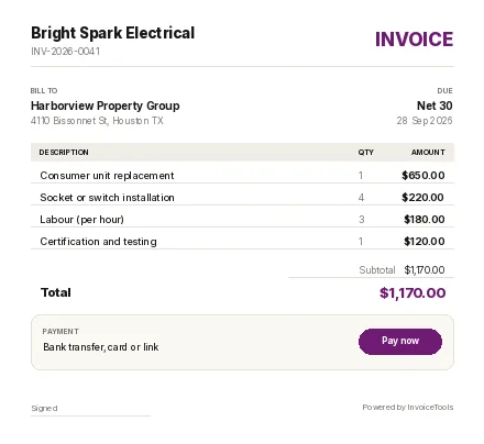 Geo Navy invoice template, filled in for a electrician