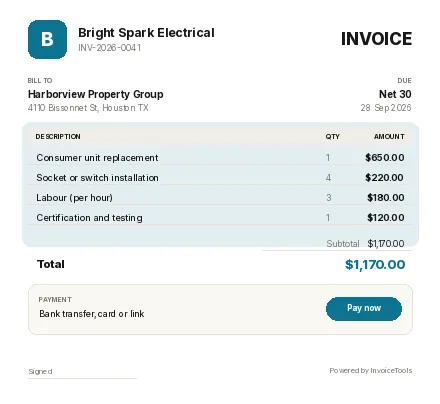 Showcoat invoice template, filled in for a electrician