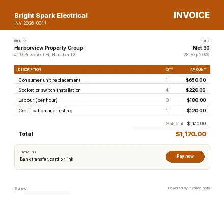 Trade Volt invoice template, filled in for a electrician