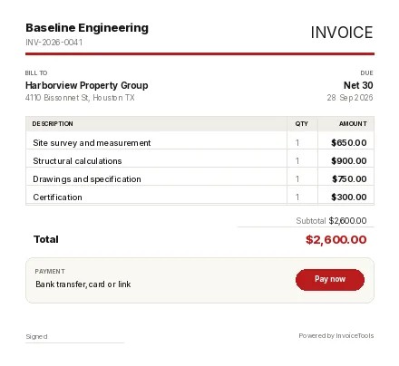 Band Card invoice template, filled in for a engineer or surveyor