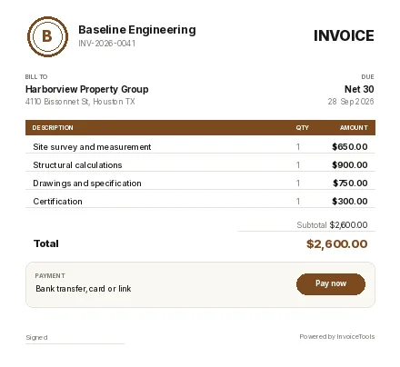 Coverline invoice template, filled in for a engineer or surveyor