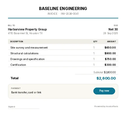 Sealbox invoice template, filled in for a engineer or surveyor