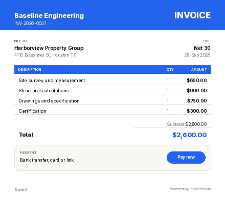 Section Line invoice template, filled in for a engineer or surveyor