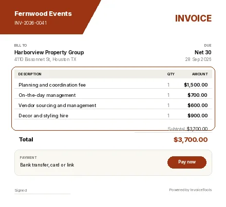 Airdate invoice template, filled in for a event planner