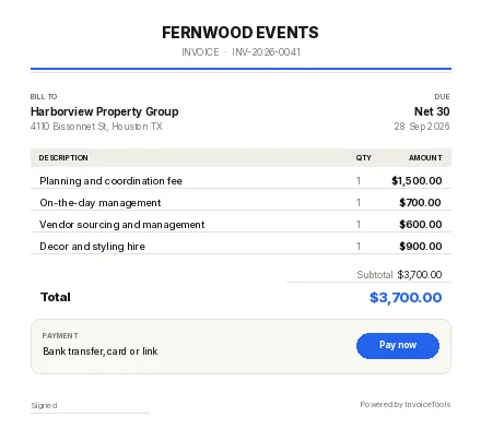 Double Ledger invoice template, filled in for a event planner