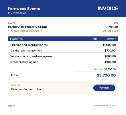 Guestlist invoice template, filled in for a event planner