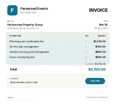 Wagtail invoice template, filled in for a event planner