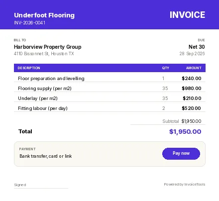 Block Brand invoice template, filled in for a flooring installer