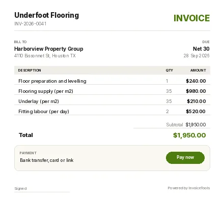 Curve Blue invoice template, filled in for a flooring installer