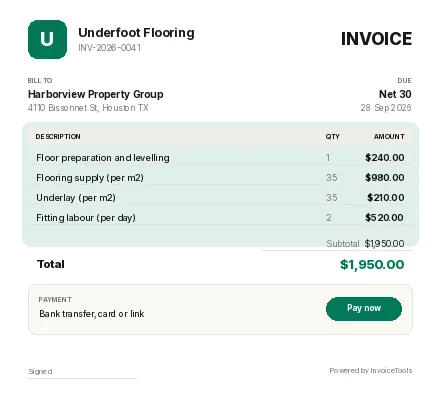 Flueline invoice template, filled in for a flooring installer