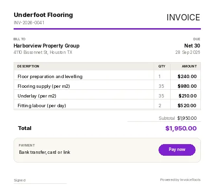 Slab Craft invoice template, filled in for a flooring installer