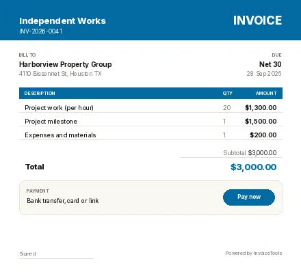 Flashcard invoice template, filled in for a freelancer (general)