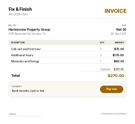 Benchwork invoice template, filled in for a handyman