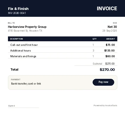 Leaseline invoice template, filled in for a handyman
