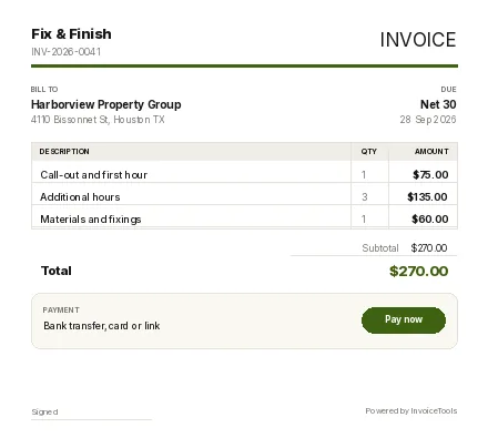 Load Dock invoice template, filled in for a handyman