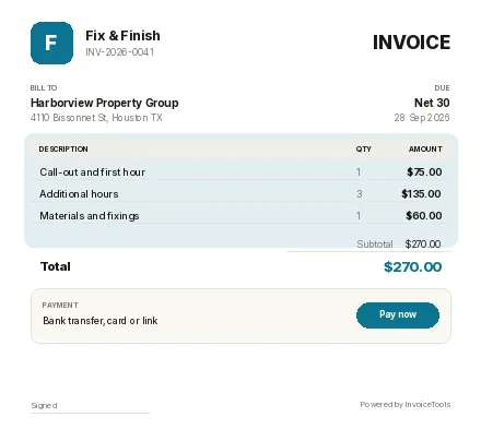 Showcoat invoice template, filled in for a handyman