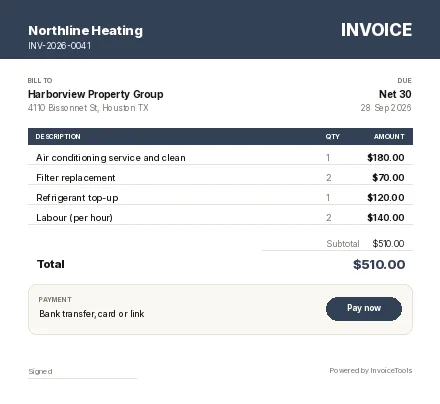 Airflow invoice template, filled in for a hvac technician