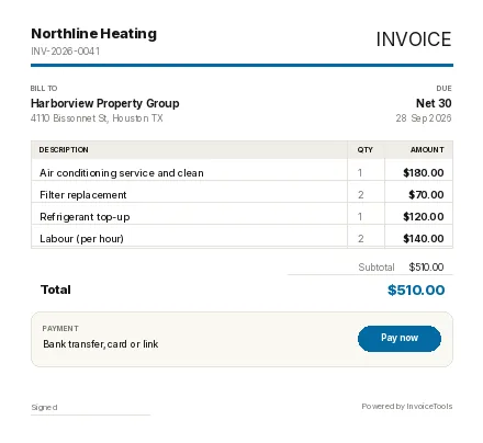 Gradient Vertex invoice template, filled in for a hvac technician