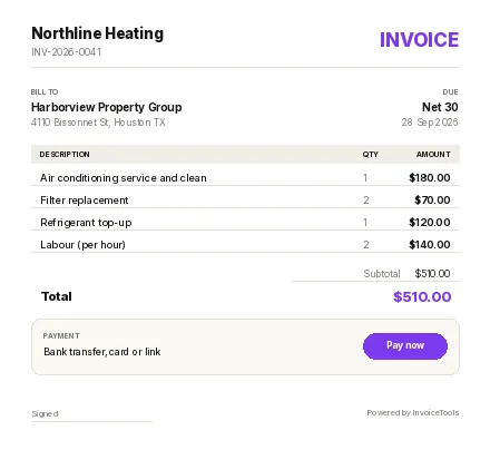 Spine invoice template, filled in for a hvac technician