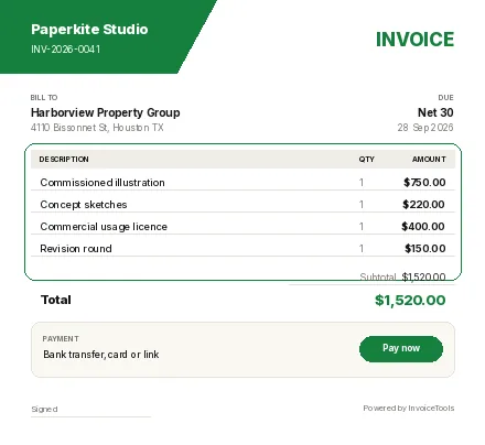 Pill Block invoice template, filled in for a illustrator or artist
