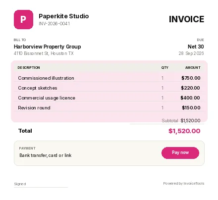 Soft Wave invoice template, filled in for a illustrator or artist