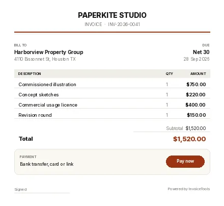 Stillwater invoice template, filled in for a illustrator or artist