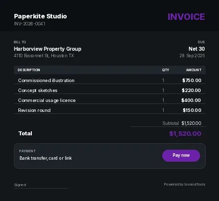 Console invoice template, filled in for a illustrator or artist