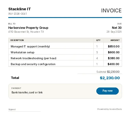 Gradient Vertex invoice template, filled in for a it services or support