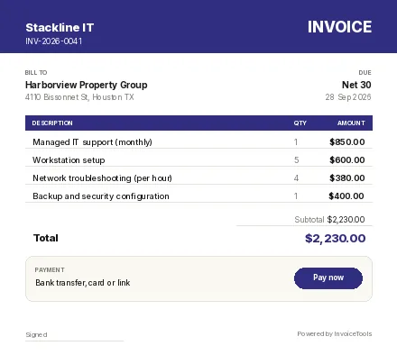 Kernel invoice template, filled in for a it services or support