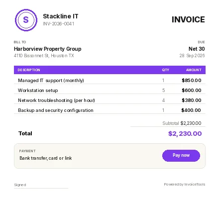 Seal & Sign invoice template, filled in for a it services or support
