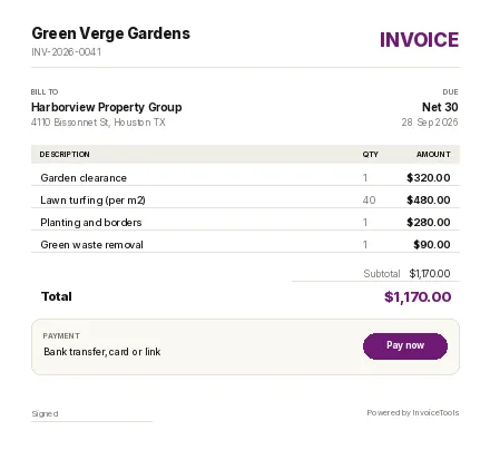 Geo Navy invoice template, filled in for a landscaper or gardener