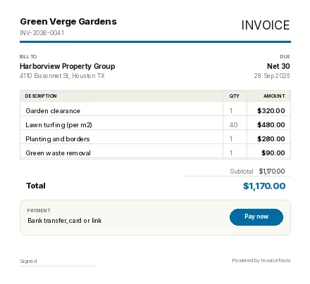 Gradient Vertex invoice template, filled in for a landscaper or gardener