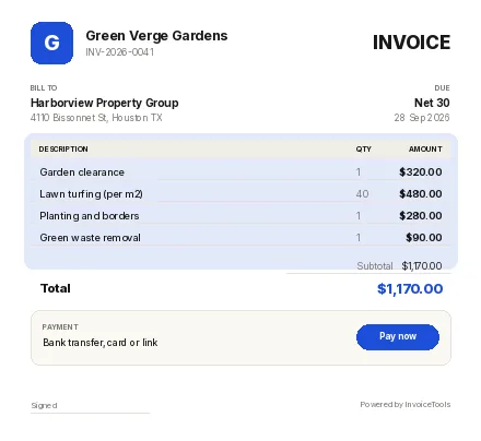 Rootline invoice template, filled in for a landscaper or gardener